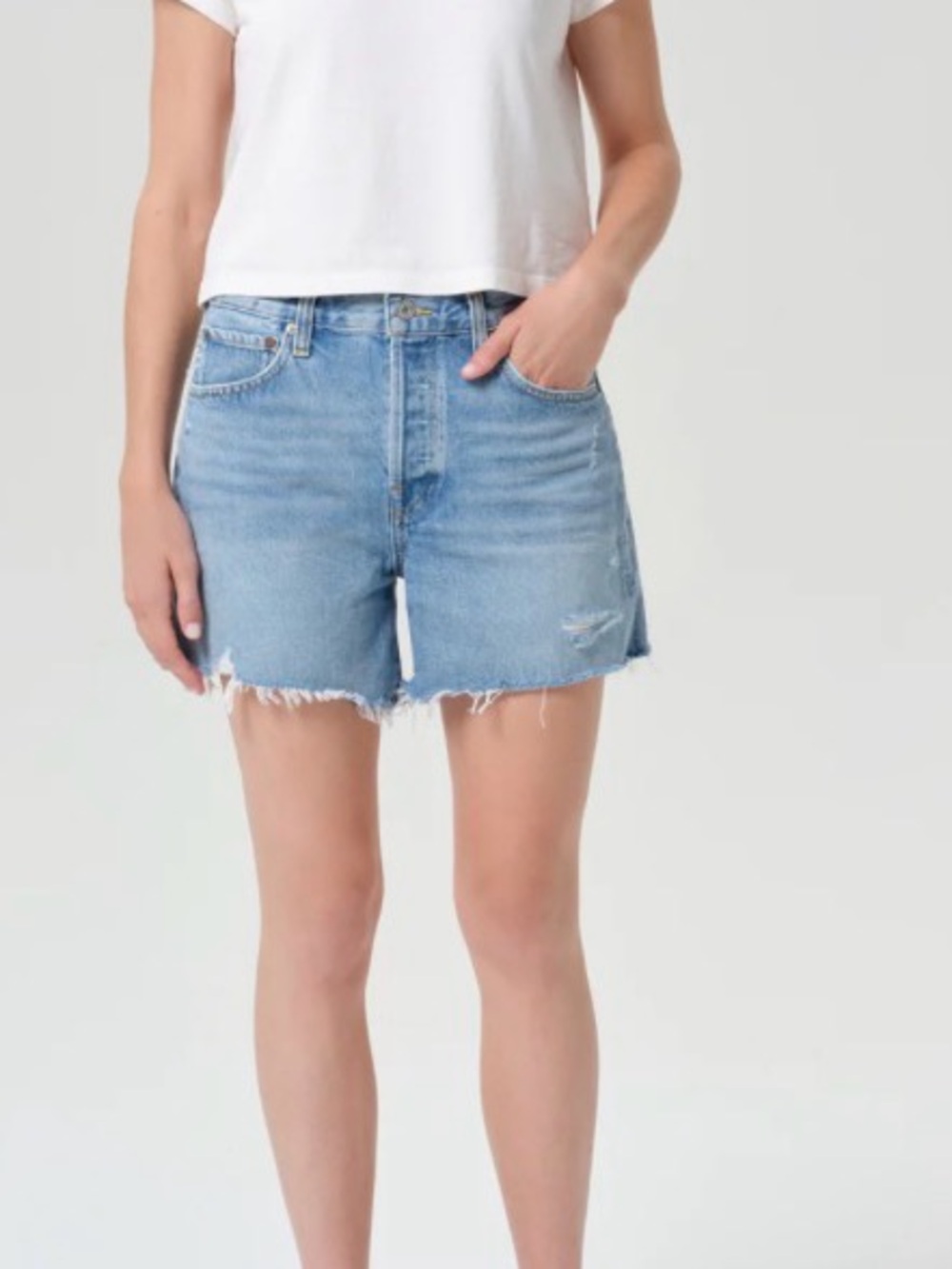 Agolde Medium Blue Distressed Cutoff Denim Shorts ~ Harper Long